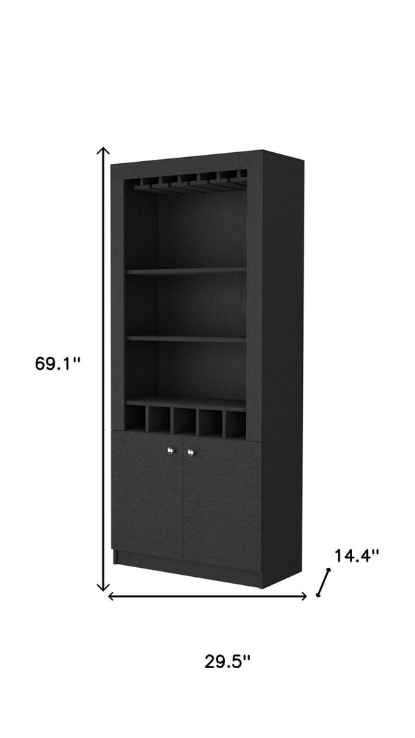 HomeRoots 69" Black Wood Bar Cabinet - Modern Storage for Wine, Spirits & Glassware in Contemporary Style 535077