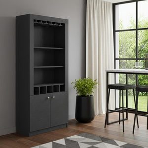HomeRoots 69" Black Wood Bar Cabinet - Modern Storage for Wine, Spirits & Glassware in Contemporary Style 535077