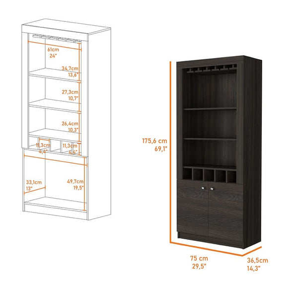 HomeRoots 69" Espresso Wood Bar Cabinet - Stylish Two-Door Storage Solution for Wine & Glassware in Any Room 535078