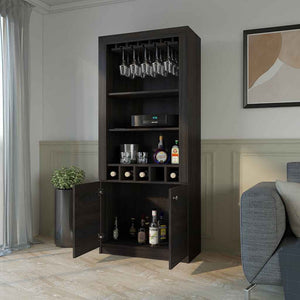 HomeRoots 69" Espresso Wood Bar Cabinet - Stylish Two-Door Storage Solution for Wine & Glassware in Any Room 535078