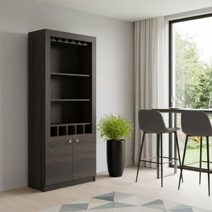 HomeRoots 69" Espresso Wood Bar Cabinet - Stylish Two-Door Storage Solution for Wine & Glassware in Any Room 535078