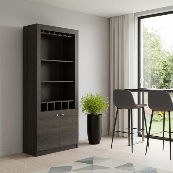 HomeRoots 69" Espresso Wood Bar Cabinet - Stylish Two-Door Storage Solution for Wine & Glassware in Any Room 535078