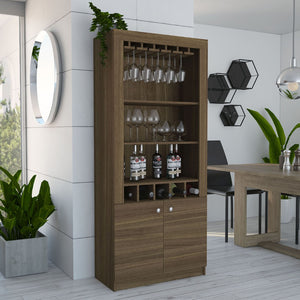HomeRoots 69" Elegant Walnut Wood Bar Cabinet with Two Doors - Modern Storage for Glassware & Bottles 535079