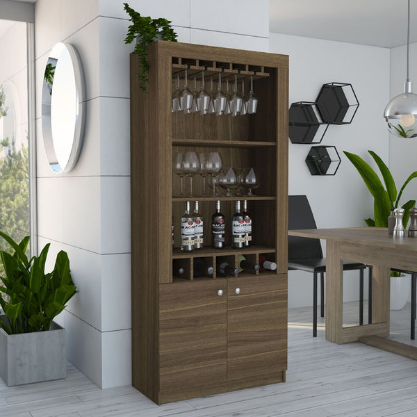 HomeRoots 69" Elegant Walnut Wood Bar Cabinet with Two Doors - Modern Storage for Glassware & Bottles 535079