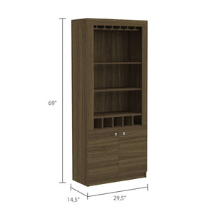 HomeRoots 69" Elegant Walnut Wood Bar Cabinet with Two Doors - Modern Storage for Glassware & Bottles 535079