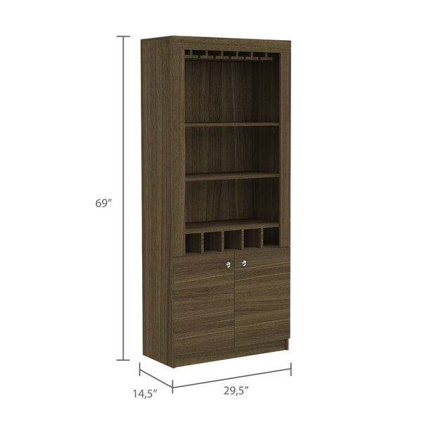 HomeRoots 69" Elegant Walnut Wood Bar Cabinet with Two Doors - Modern Storage for Glassware & Bottles 535079