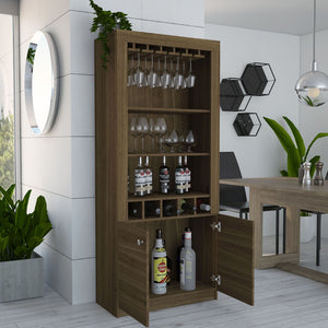 HomeRoots 69" Elegant Walnut Wood Bar Cabinet with Two Doors - Modern Storage for Glassware & Bottles 535079
