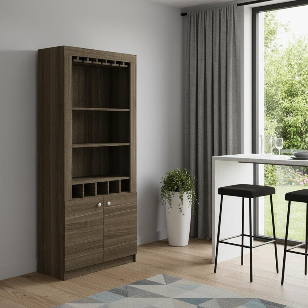 HomeRoots 69" Elegant Walnut Wood Bar Cabinet with Two Doors - Modern Storage for Glassware & Bottles 535079
