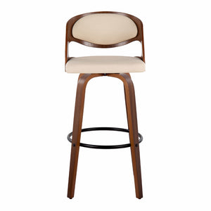 English Elm Fixed-height Swivel Barstools with Walnut Bentwood Legs and Cream Upholstered Seats Set B202S01930