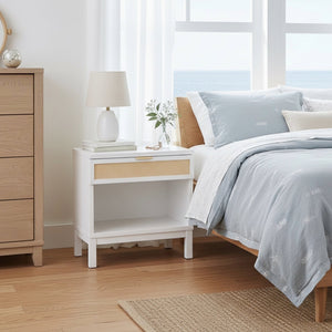 English Elm Blake Coastal Cane 1-Drawer Nightstand in White Solid Wood with Open Shelf, Gold Pull, 28.25"L B050P376944