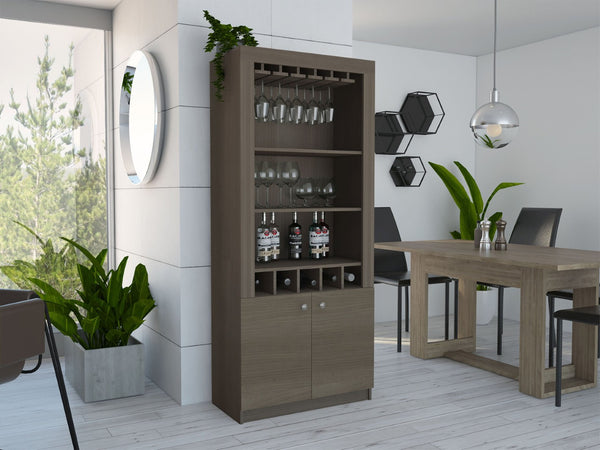 HomeRoots 69" Gray Wood Bar Cabinet – Stylish Freestanding Storage for Wine & Liquor with Modern Design Elegance 535081