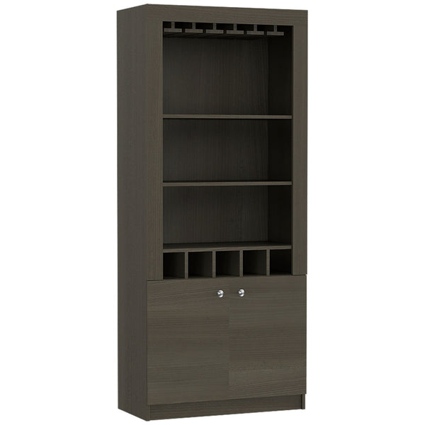 HomeRoots 69" Gray Wood Bar Cabinet – Stylish Freestanding Storage for Wine & Liquor with Modern Design Elegance 535081