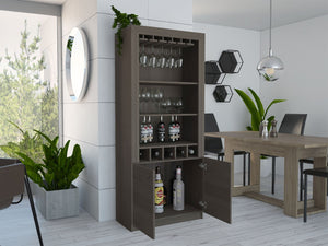 HomeRoots 69" Gray Wood Bar Cabinet – Stylish Freestanding Storage for Wine & Liquor with Modern Design Elegance 535081