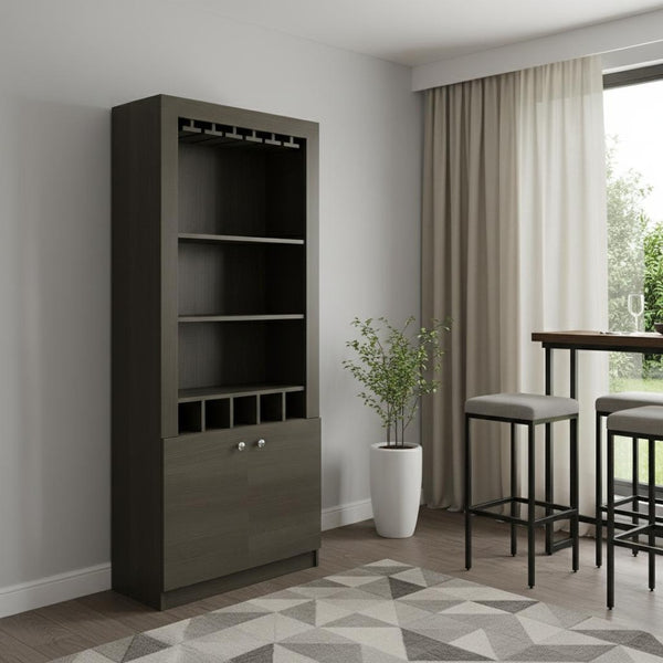 HomeRoots 69" Gray Wood Bar Cabinet – Stylish Freestanding Storage for Wine & Liquor with Modern Design Elegance 535081