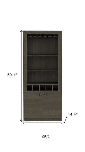 HomeRoots 69" Gray Wood Bar Cabinet – Stylish Freestanding Storage for Wine & Liquor with Modern Design Elegance 535081