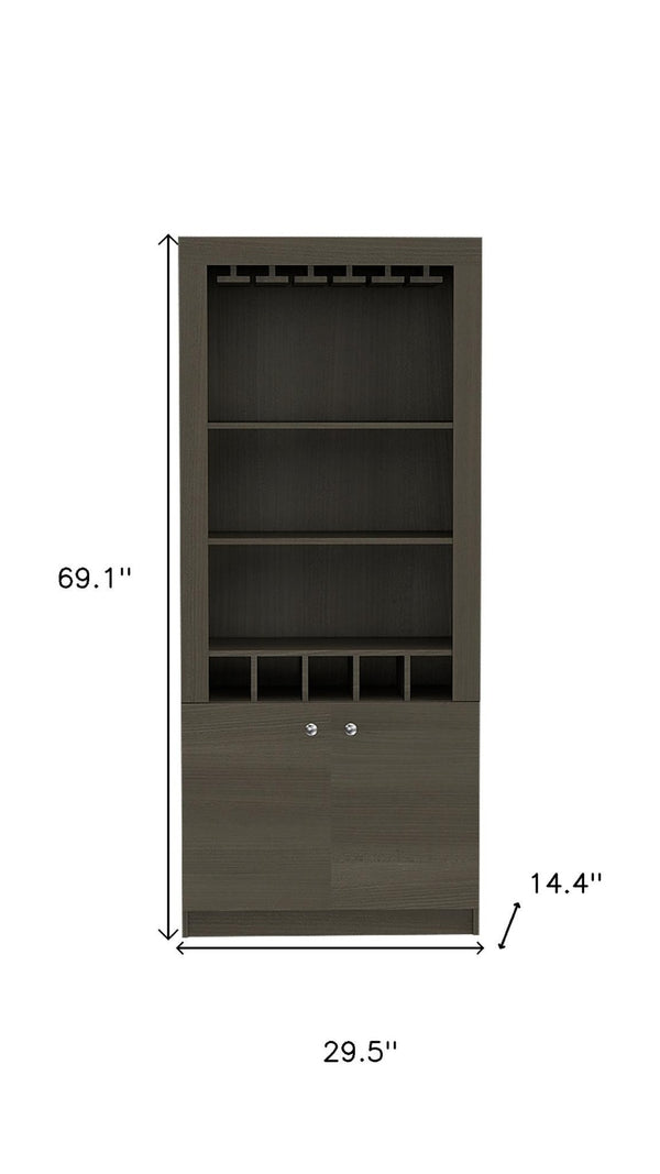 HomeRoots 69" Gray Wood Bar Cabinet – Stylish Freestanding Storage for Wine & Liquor with Modern Design Elegance 535081