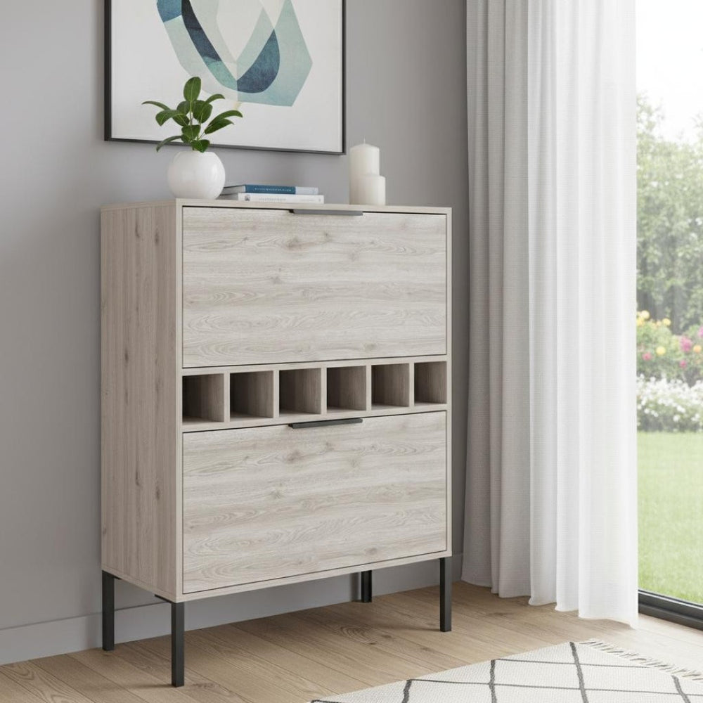 HomeRoots 43" Light Gray & Black Wood Bar Cabinet - Modern Storage for Wine, Glassware & Accessories, Stylish Design 535083