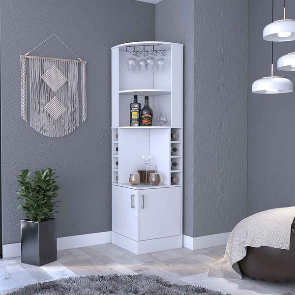 HomeRoots 71" White Wood Corner Bar Cabinet - Stylish Storage Solution for Entertaining and Compact Spaces 535085