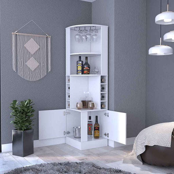 HomeRoots 71" White Wood Corner Bar Cabinet - Stylish Storage Solution for Entertaining and Compact Spaces 535085