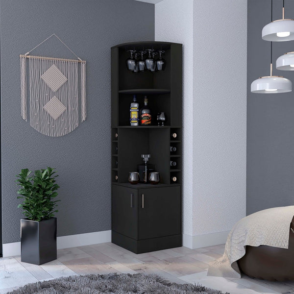 HomeRoots 71" Black Wood Corner Bar Cabinet - Stylish Space-Saving Storage for Home Bars & Living Areas 535087