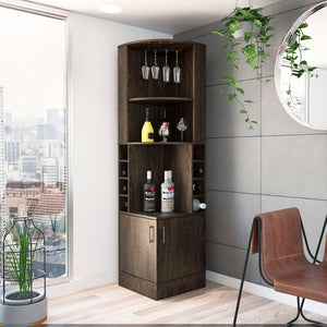 HomeRoots 71" Elegant Walnut Wood Corner Bar Cabinet – Stylish, Space-Saving Storage for Bottles & Glassware 535088