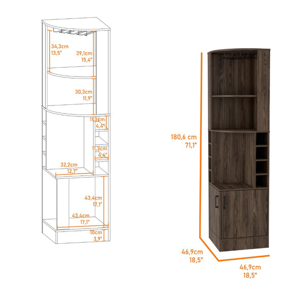 HomeRoots 71" Elegant Walnut Wood Corner Bar Cabinet – Stylish, Space-Saving Storage for Bottles & Glassware 535088