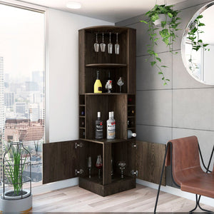 HomeRoots 71" Elegant Walnut Wood Corner Bar Cabinet – Stylish, Space-Saving Storage for Bottles & Glassware 535088