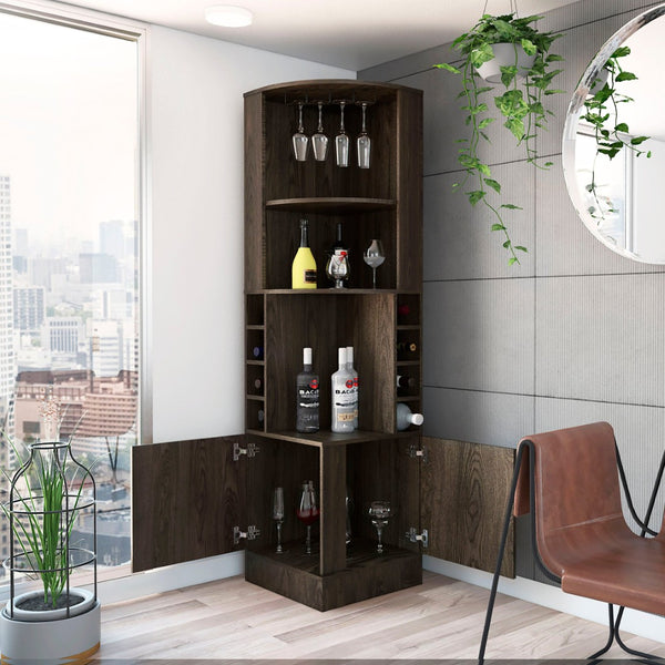 HomeRoots 71" Elegant Walnut Wood Corner Bar Cabinet – Stylish, Space-Saving Storage for Bottles & Glassware 535088