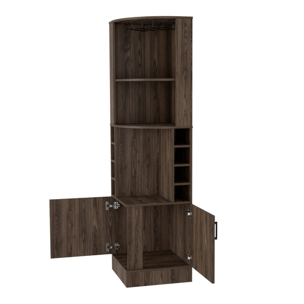 HomeRoots 71" Elegant Walnut Wood Corner Bar Cabinet – Stylish, Space-Saving Storage for Bottles & Glassware 535088