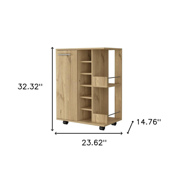 HomeRoots Oak Rolling Bar Cart with Stylish Wine Storage – Modern Mobile Design for Effortless Entertaining! 535094