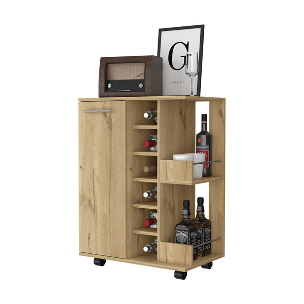 Homeroots Oak Rolling Bar Cart With Wine Storage   535094
