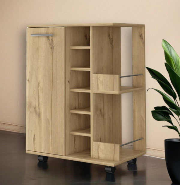 HomeRoots Oak Rolling Bar Cart with Stylish Wine Storage – Modern Mobile Design for Effortless Entertaining! 535094