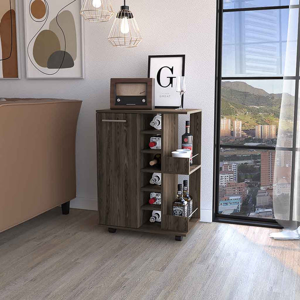 Homeroots Brown Rolling Bar Cart With Wine Storage   535096