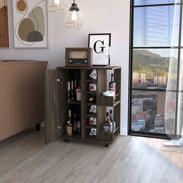 Homeroots Brown Rolling Bar Cart With Wine Storage   535096