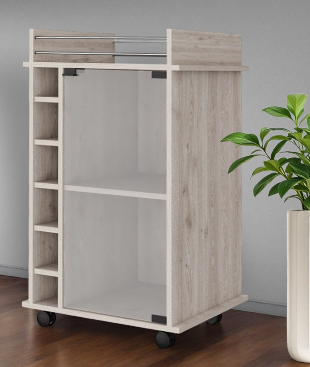 HomeRoots Light Gray Rolling Bar Cart with Wine Storage & Cabinets - Modern, Mobile Design for Entertaining 535098