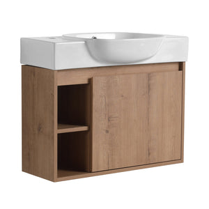 English Elm 26'' Wall-Mounted Bathroom Vanity with Glossy White Ceramic Sink, Soft-Close Door & Waterproof Finish Imitative Oak W999P310752