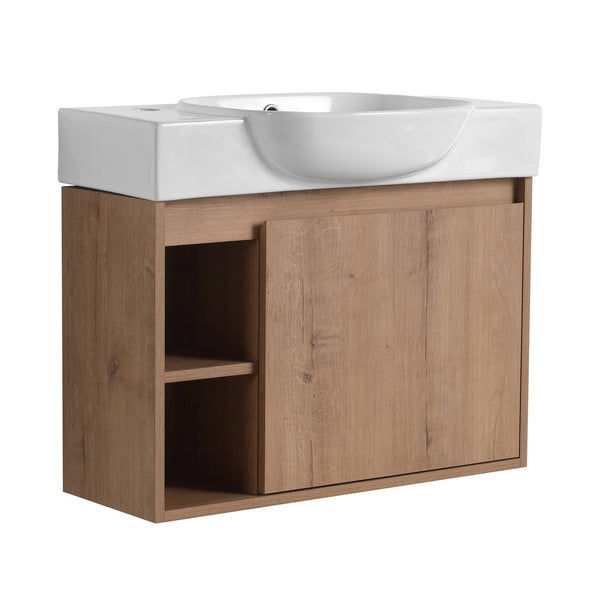 English Elm 26'' Wall-Mounted Bathroom Vanity with Glossy White Ceramic Sink, Soft-Close Door & Waterproof Finish Imitative Oak W999P310752