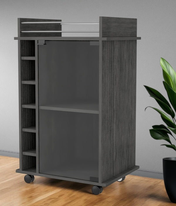 HomeRoots Gray Rolling Bar Cart with Wine Storage & Cabinets – Modern Design for Stylish Entertaining! 535100