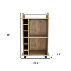 HomeRoots Oak Rolling Bar Cart with Wine Storage – Stylish Mobile Serving Station, Compact Design & Durable Finish 535102