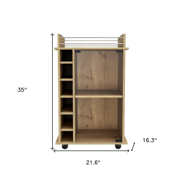 HomeRoots Oak Rolling Bar Cart with Wine Storage – Stylish Mobile Serving Station, Compact Design & Durable Finish 535102