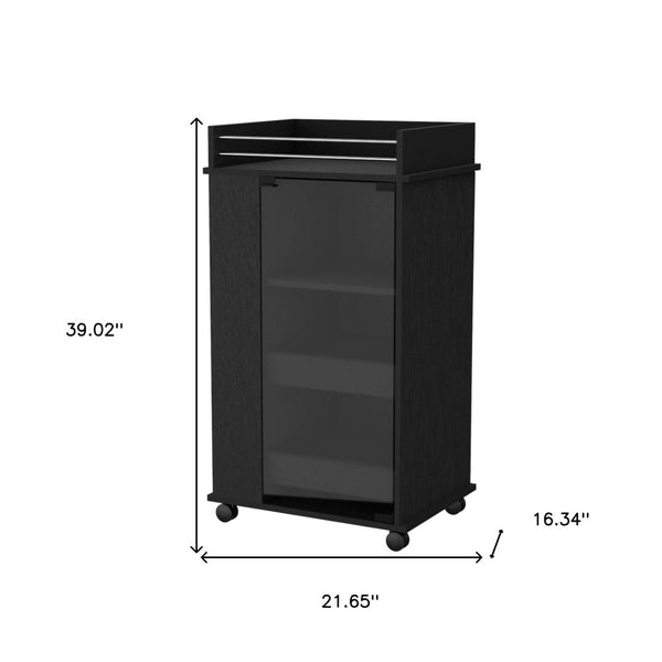 HomeRoots 22" Stylish Black and Clear Wood Glass Rolling Bar Cart with Wheels for Elegant Entertaining Storage 535107