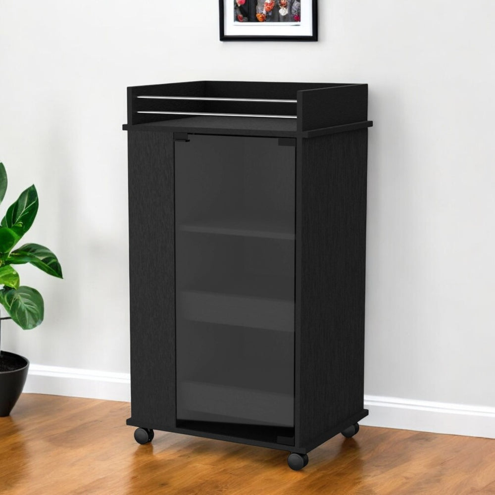 HomeRoots 22" Stylish Black and Clear Wood Glass Rolling Bar Cart with Wheels for Elegant Entertaining Storage 535107