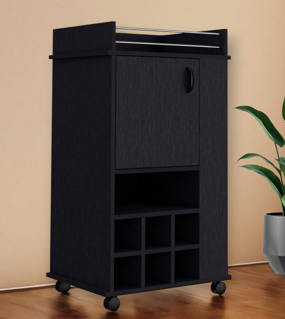 HomeRoots Black Rolling Bar Cart with Wine Storage - Sleek Mobile Design for Stylish Entertaining & Organization 535110