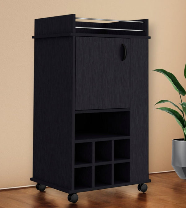 HomeRoots Black Rolling Bar Cart with Wine Storage - Sleek Mobile Design for Stylish Entertaining & Organization 535110