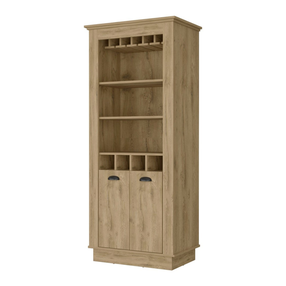 HomeRoots 70" Brown Bar Cabinet - Modern Rustic Design with Wine Storage, Shelves & Glassware Holder for Entertaining 535114