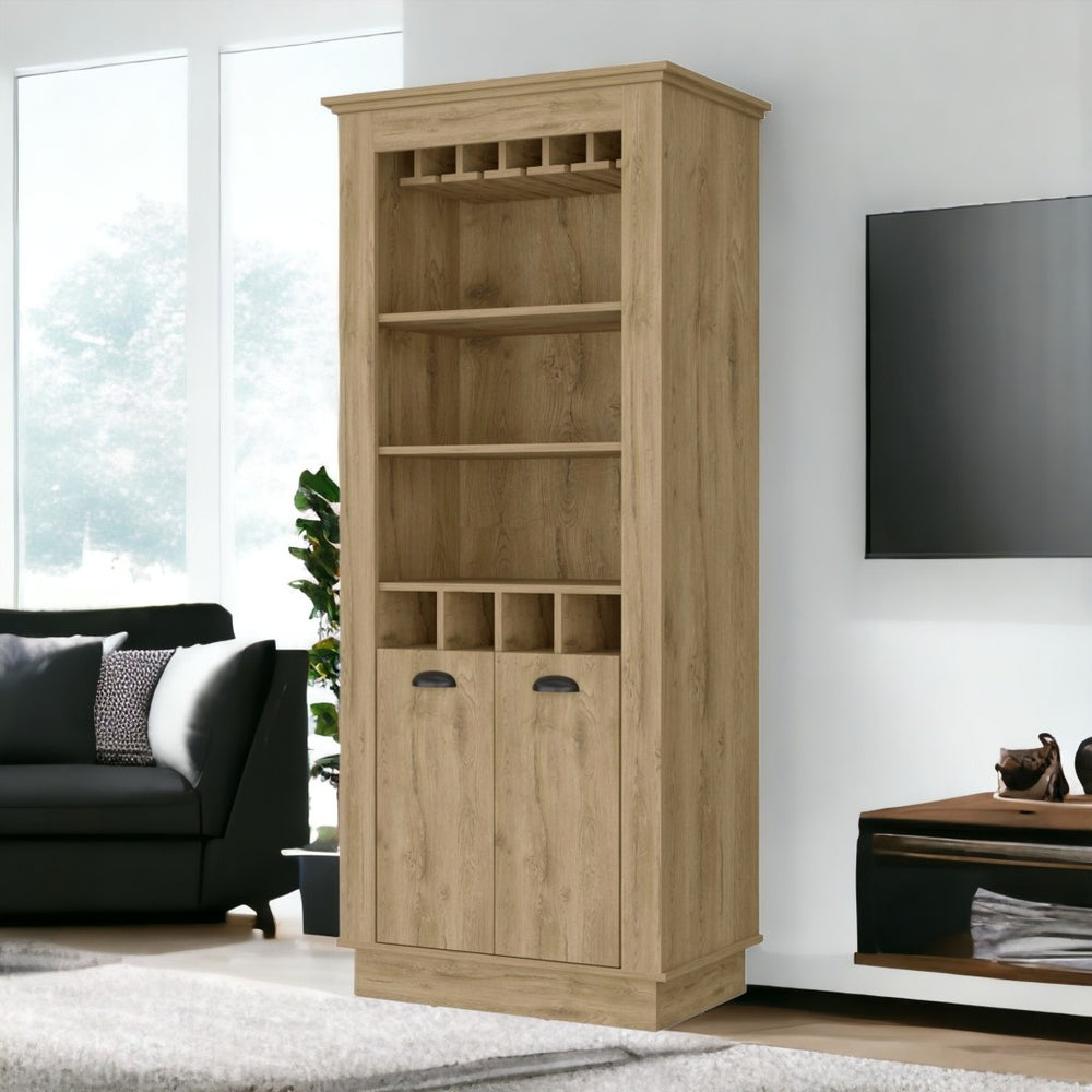 HomeRoots 70" Brown Bar Cabinet - Modern Rustic Design with Wine Storage, Shelves & Glassware Holder for Entertaining 535114