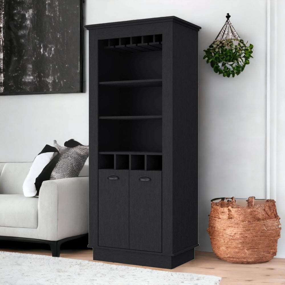 HomeRoots 70" Modern Black Bar Cabinet with Wine Storage, Glassware Holder & Stylish Compact Design 535115