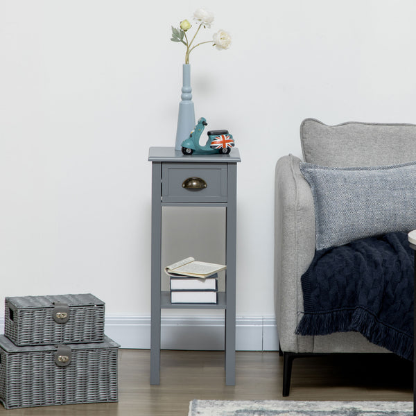 English Elm HOMCOM Narrow 2-Tier Side Table with Drawer and Elevated Shelf — Slim Accent End Table, Sturdy Storage Grey W2225P200908