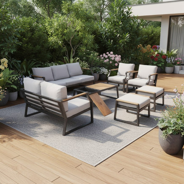 Seven Piece Outdoor Metal Patio Conversation Set with Side Table for Stylish Backyard Seating