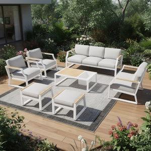 Seven Piece Outdoor Metal Patio Conversation Set with Side Table for Stylish Backyard Seating